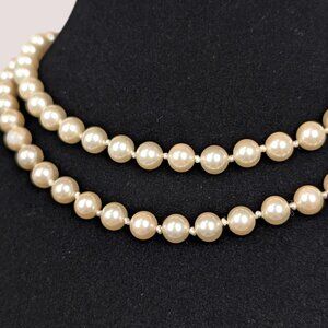 Vintage 6mm Knotted Beige Glass Pearl Necklace